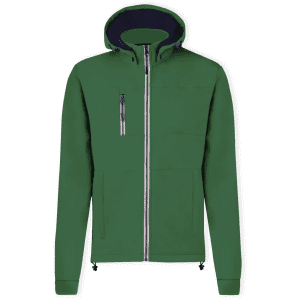 A green soft shell jacket with a hood, featuring a zippered front and a chest pocket. It has a logo on it.