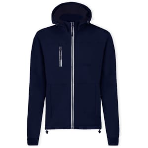 A navy soft shell jacket with a hood, featuring front pockets and a zip closure. It has a branded logo.