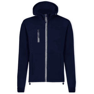 A navy blue soft shell jacket with a hood, featuring a front zip and side pockets. It includes a logo.