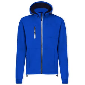 A blue soft shell jacket with a hood, featuring zippered pockets and a logo on the front.