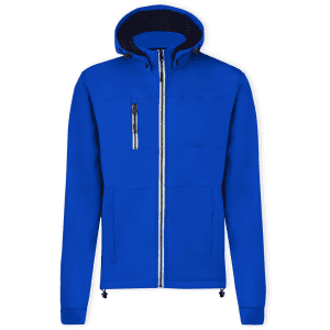 A vibrant blue soft shell jacket with a hood, featuring a front zip and one zipped chest pocket.