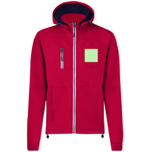 A red soft shell jacket with a hood and a zippered front, featuring a pocket on the chest and a logo.