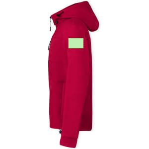 A red soft shell jacket featuring a hood and a blank patch on the sleeve.