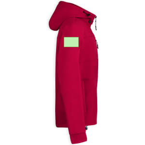 A red soft shell jacket featuring a hood and a green square patch on the sleeve.
