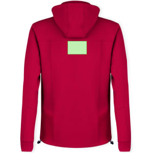 A red soft shell jacket with a hood and a blank patch on the back, featuring a logo.