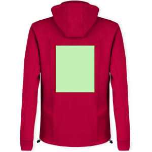 A red soft shell jacket featuring a hood and a green square design on the back. It includes a logo.