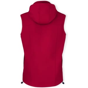A red vest with a hood and side pockets, featuring a logo on the front.