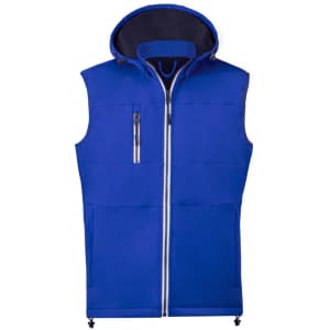 A blue vest with a hood, featuring a zip front and a chest pocket. It has a logo on the design.
