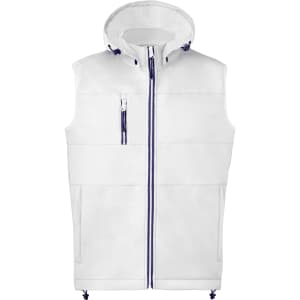 A white vest featuring a hood, front zip, and pockets, with a blue trim and branding.