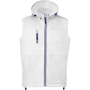 A white vest with a hood, featuring front pockets and a zip, with contrasting blue accents.