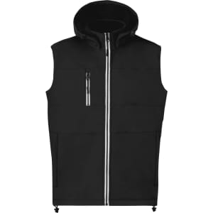 A black vest with a hood and zip front, featuring a chest pocket and two lower side pockets.