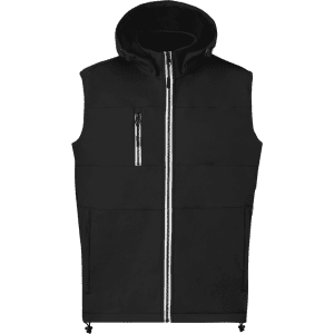 A black sleeveless vest with a hood, featuring a front zip and a chest pocket. It has a logo on it.