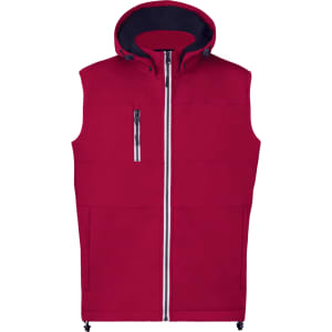 A red vest with a hood, featuring a front zipper and zippered pockets. The vest has a logo on it.