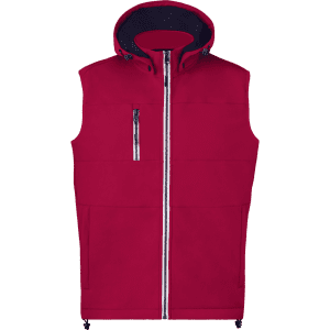 A red vest with a hood, featuring a front zip and a chest pocket, also has branding on it.