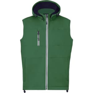 A green vest with a hood, featuring a front zip, pockets, and a logo on the chest area.