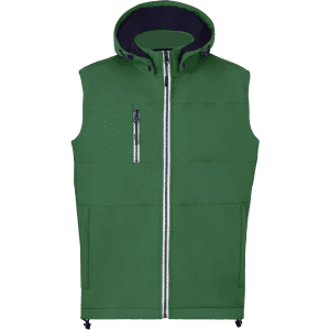 A green vest with a hood, featuring a front zipper and chest pocket, showcasing a smooth, padded design.