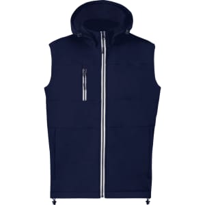 A navy vest with a hood, featuring a front zip, two side pockets, and a zipped chest pocket. It has a branding logo.