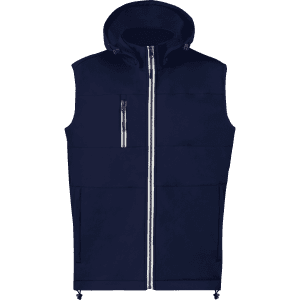 A navy vest with a hood, featuring a zip front, pockets, and a branding logo.