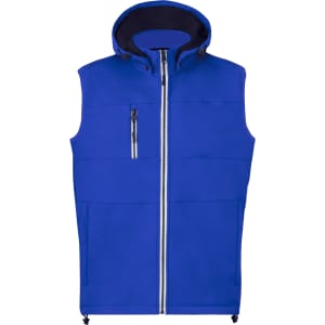 A blue sleeveless vest with a hood, featuring a front zip and multiple pockets. It includes a logo.