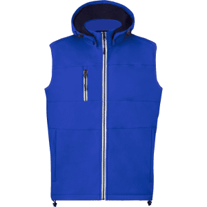 A blue vest with a hood, featuring zippered pockets and a front zip closure. It has a logo on the design.