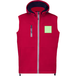 A red vest with a hood, featuring front pockets and a zip closure. It has a logo on the chest area.