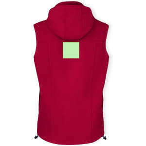 A red vest with a hood and a blank square patch on the back, featuring side pockets and adjustable drawstrings.