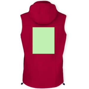 A red vest with a hood and a blank panel on the back, featuring side zippers for adjustment.