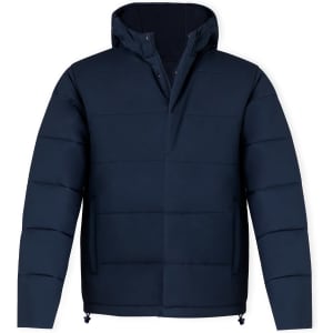 A navy blue rain jacket featuring a hood, zip closure, and quilted design, with a logo on the chest.