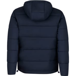 A navy rain jacket featuring a hood and a quilted design, with an attached logo on the back.