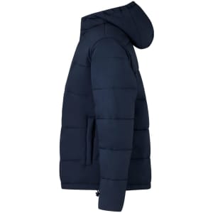 A navy rain jacket with a hood, featuring a quilted design and side pockets. It has a logo on the chest.