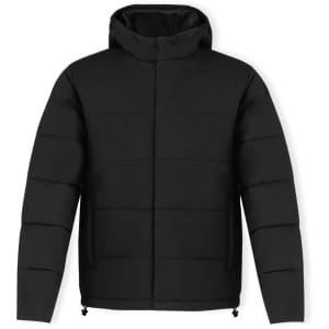 A black rain jacket with a hood and quilted design, featuring a logo on the front.