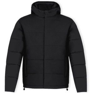 A black rain jacket with a hood and padded design, featuring a logo on the front.