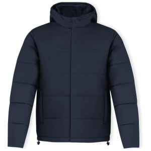 A navy rain jacket with a hood, featuring a padded design and a front zip closure. It includes a brand logo.