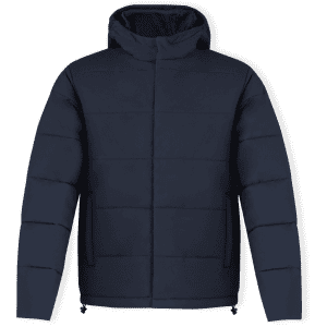 A navy rain jacket with a hood and quilted design, featuring a logo and zipped side pockets.