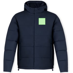 A navy rain jacket with a padded design and a square patch area for branding. Features a hood and zip closure.