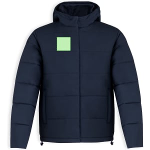 A navy rain jacket with a puffy design and a square patch on the front, featuring a hood and adjustable drawstrings.