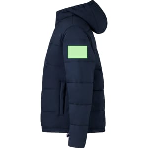 A navy rain jacket with a hood and a patch on the sleeve. The jacket features a puffer design.