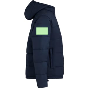 A navy rain jacket with a hood and a patch on the sleeve. Features a sleek, padded design.
