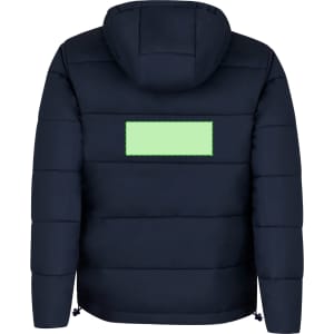A navy rain jacket with a hood and a blank green logo area on the back.