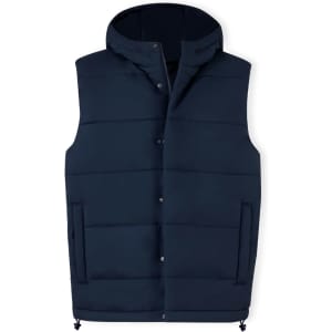 A navy blue puffer vest with a hood, featuring side pockets and a front zip closure. It has a logo on the chest.