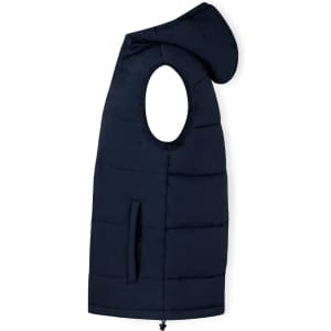 A navy blue vest with a hood and an open side, featuring puffy quilted fabric and a front pocket.
