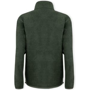 A polar fleece jacket in dark green with a high collar and long sleeves. It has a logo on the back.