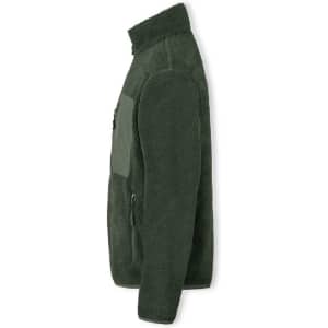 A green polar fleece jacket with a high collar and zip pockets, featuring a logo on the side.