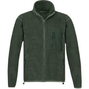 A polar fleece jacket in dark green, featuring a zip front and a chest pocket with a logo.