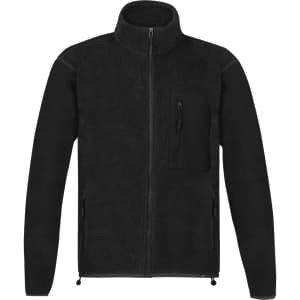 A black polar fleece jacket featuring a zip front and a chest pocket, with an additional logo detail.