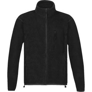 A polar fleece jacket in black with a zip front and a chest pocket, featuring a logo on the sleeve.