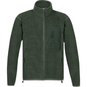A green polar fleece jacket featuring a zippered front and a chest pocket, with a logo on the fabric.
