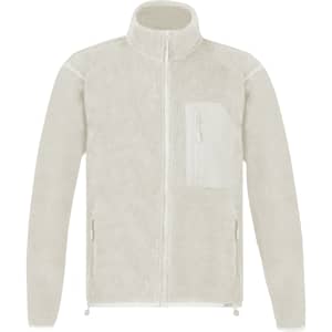 A polar fleece jacket in a light beige colour featuring a zippered chest pocket and a high collar, with a logo.