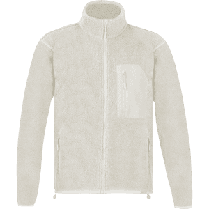 A polar fleece jacket in a soft cream colour with a zip front and a pocket. It features a logo on the chest.
