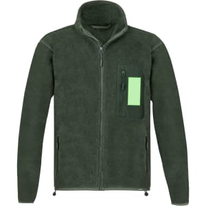 A polar fleece jacket in green with a zip front and a chest pocket featuring a logo.